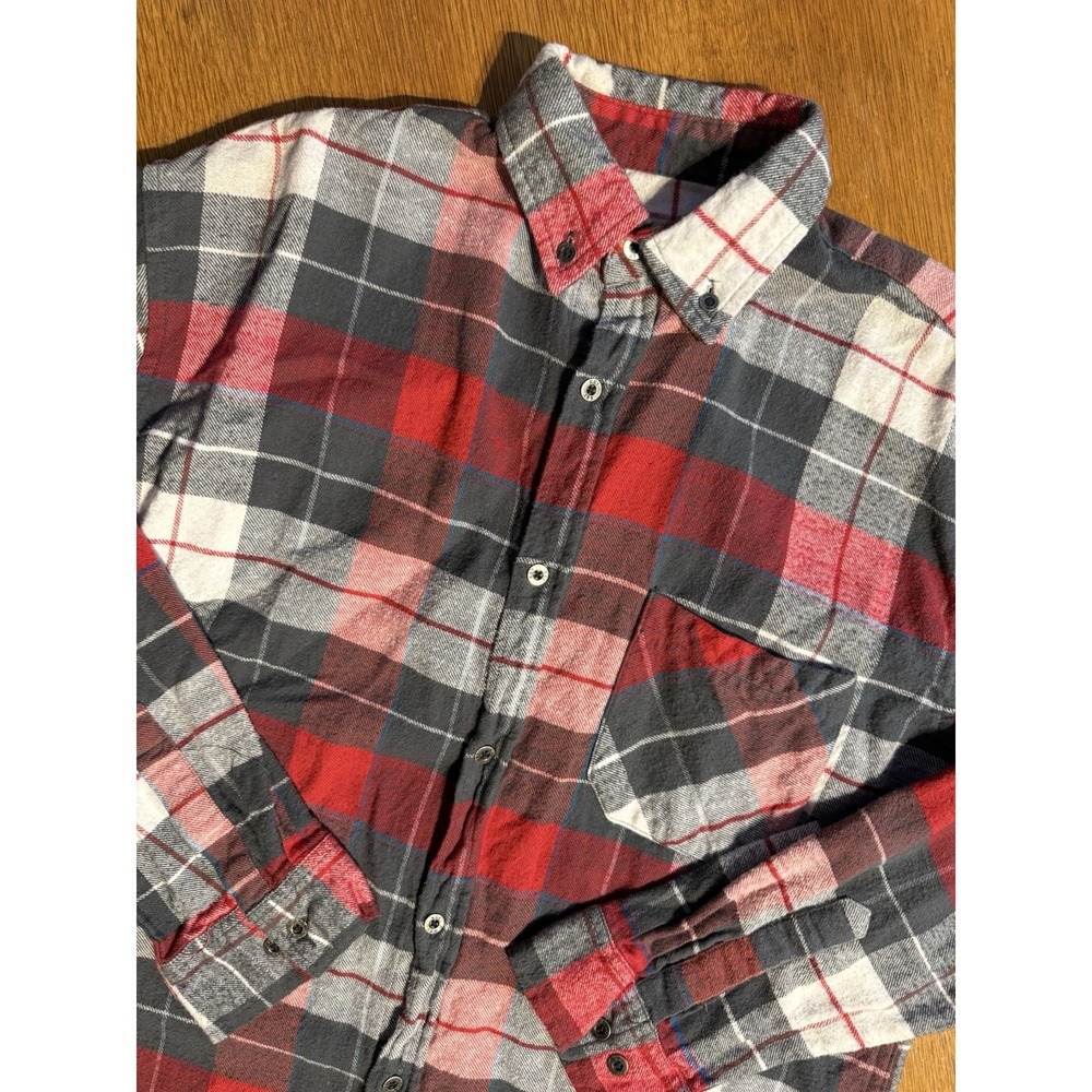 KEY Heavyweight Flannel Shirt‎ L Red Gray Plaid Button Down Cotton Workwear